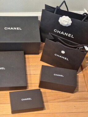 CHANEL Many Empty Gift Boxes, Many Bags w/6' Ribbon, Gold CC Charm - See Photos